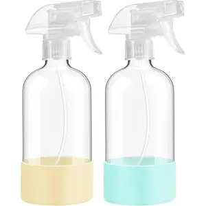 Glass  Bottles with  Sleeve Protection, 16 oz 2 Pack,   Bottles with Adjustable Nozzle for Hair, Cleaning Solutions, , Pale Yellow&Mint Green