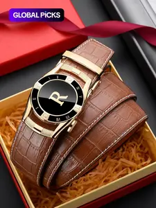 Men's Automatic Buckle Crocodile Embossed Belt, Western Leather Belt, Business Casual Waistband for Work Office, Fashion All-match Clothes Accessories