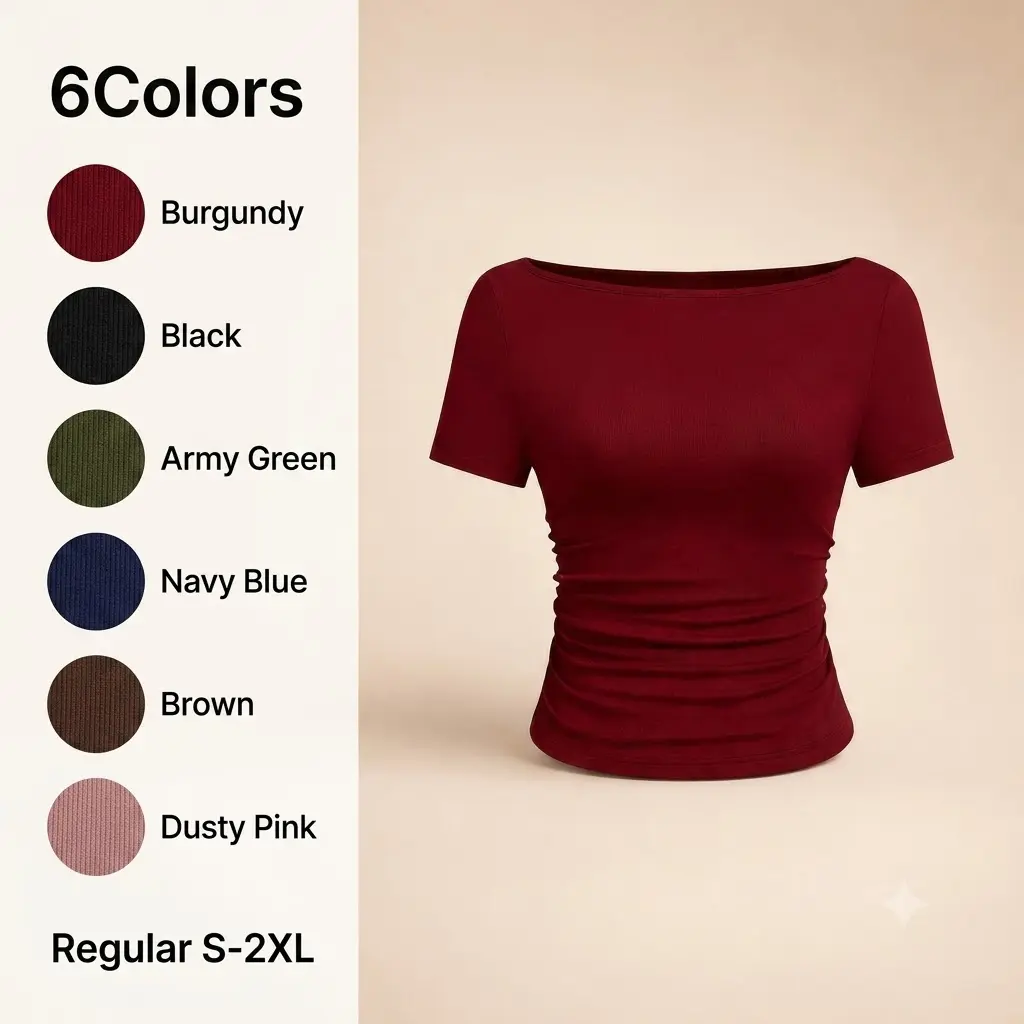 Minimalist Daily Boat Neck Ruched Tee for Office Work, Elegant Fitted Top, Ladies Basic Short Sleeve T-Shirt, Summer Casual Outfits, Lady Blouses SummerWins SummerFinds