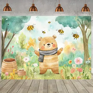 1pc Whimsical Honey Bear Party Backdrop - Adorable Cartoon Bear with Bees, Flowers & Trees Design, Polyester Photography Background for Birthdays, Mother's Day, and Holiday Decor, Bear Decor Banners White