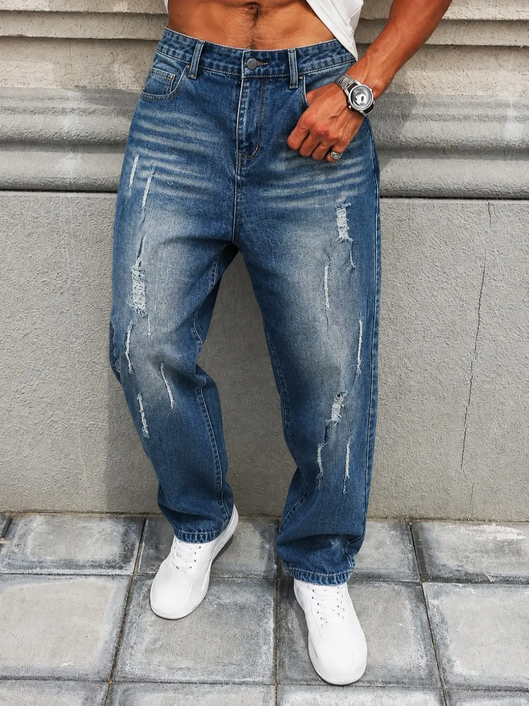 Men's Distressed Stretch Slim Fit Ripped Washed Denim Jeans - Mid Rise, Tapered Leg, Pockets, Vintage 2000s Menswear Casual Streetwear Trousers for Daily Wear, Weekend Travel