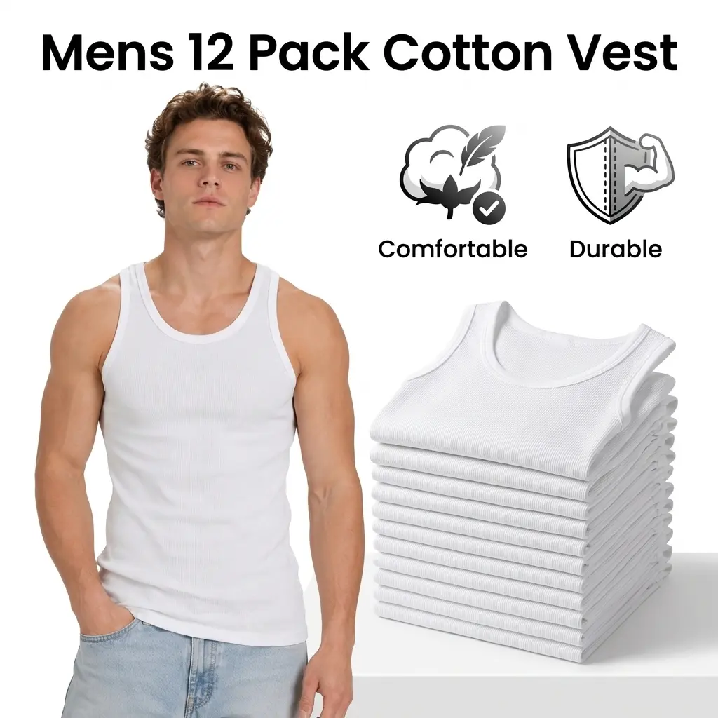 12 Pack Men’s White Tank Tops Undershirts – Soft Cotton Ribbed Sleeveless A-Shirts, Stretch Fit Gym & Everyday Basics, Sizes S–3XL