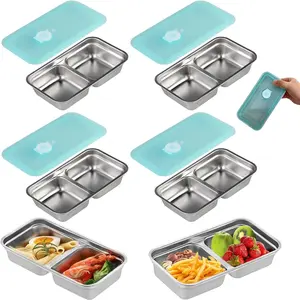4PC Stainless Steel Snack Containers Reusable, Grab and Go 2 Compartment Food Storage Containers with Leakproof Lids for Travel and Outdoor Camping School Lunch Prep ZHENPIS
