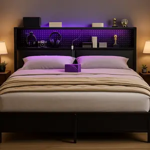 Unikito Luxury Platform Bed Frame with Charging Station & LED Lighting, Sturdy Metal Construction, Ample Storage for Double Queen Beds, MaFurniture Modern Wooden Headboard