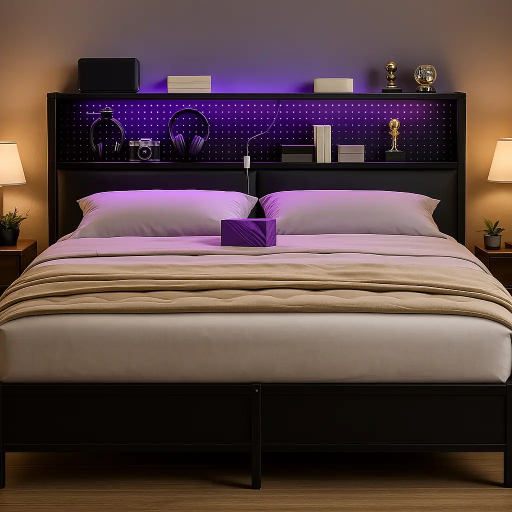 Unikito Luxury Platform Bed Frame with Charging Station & LED Lighting, Sturdy Metal Construction, Ample Storage for Double Queen Beds, MaFurniture