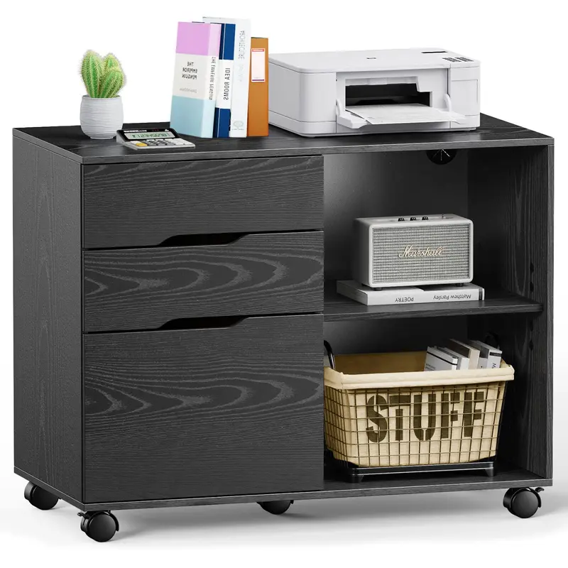 【Deal】SweetFurniture 3-Drawer Mobile Lateral Filing Cabinet with Castor Wheels - MDF Wood, Solid Finish Hardware, Adults' Home Office Printer Stand with Open Shelves, Large Folder-Fit, Organization Cupboard, Modern Decor