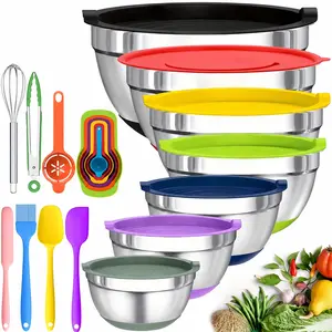 7pcs-Multicolored Stainless Steel and Plastic Mixing Bowl Set, 13 Functional Components Kitchen Gadgets, Airtight Serving Bowls for Baking, Meal Prep Containers, Kitchen Organization
