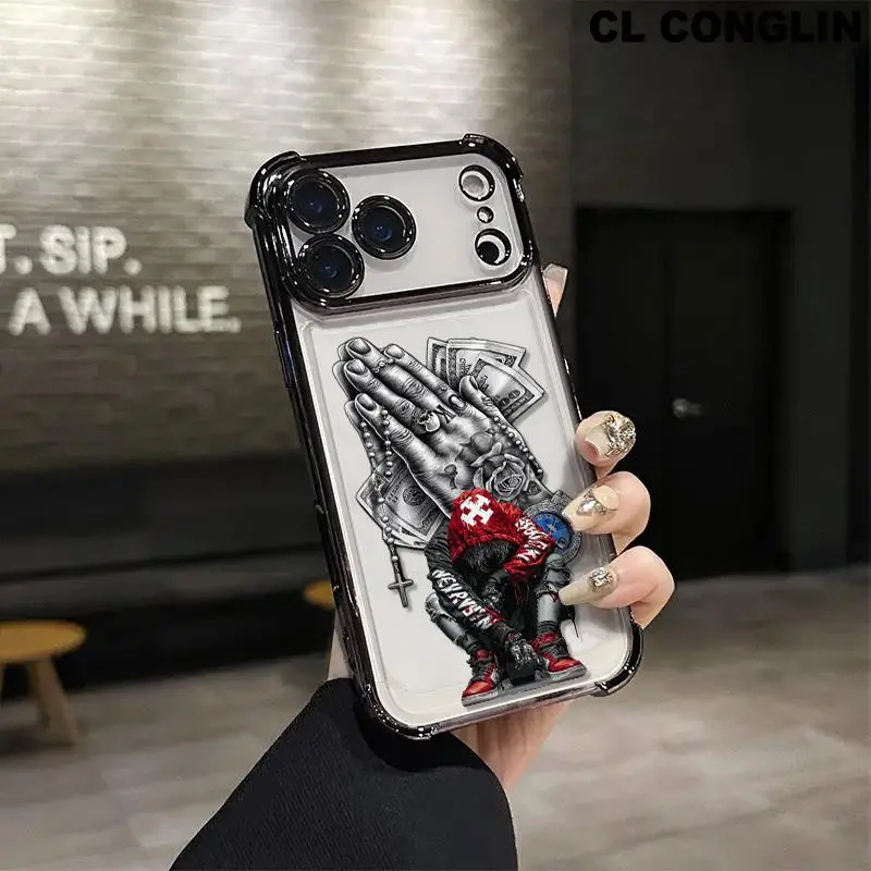 Customized Silicone Cellphone Accessories Bundle: Luxury Crystal Cross Bracelet, Money-Themed TPU Cover with 4-Corner Drop-Proof Shockproof Slim Durability, Full Camera Protection, LED Lights for iPhone 17/16 Pro Max/15/14/13/12/11 Plus