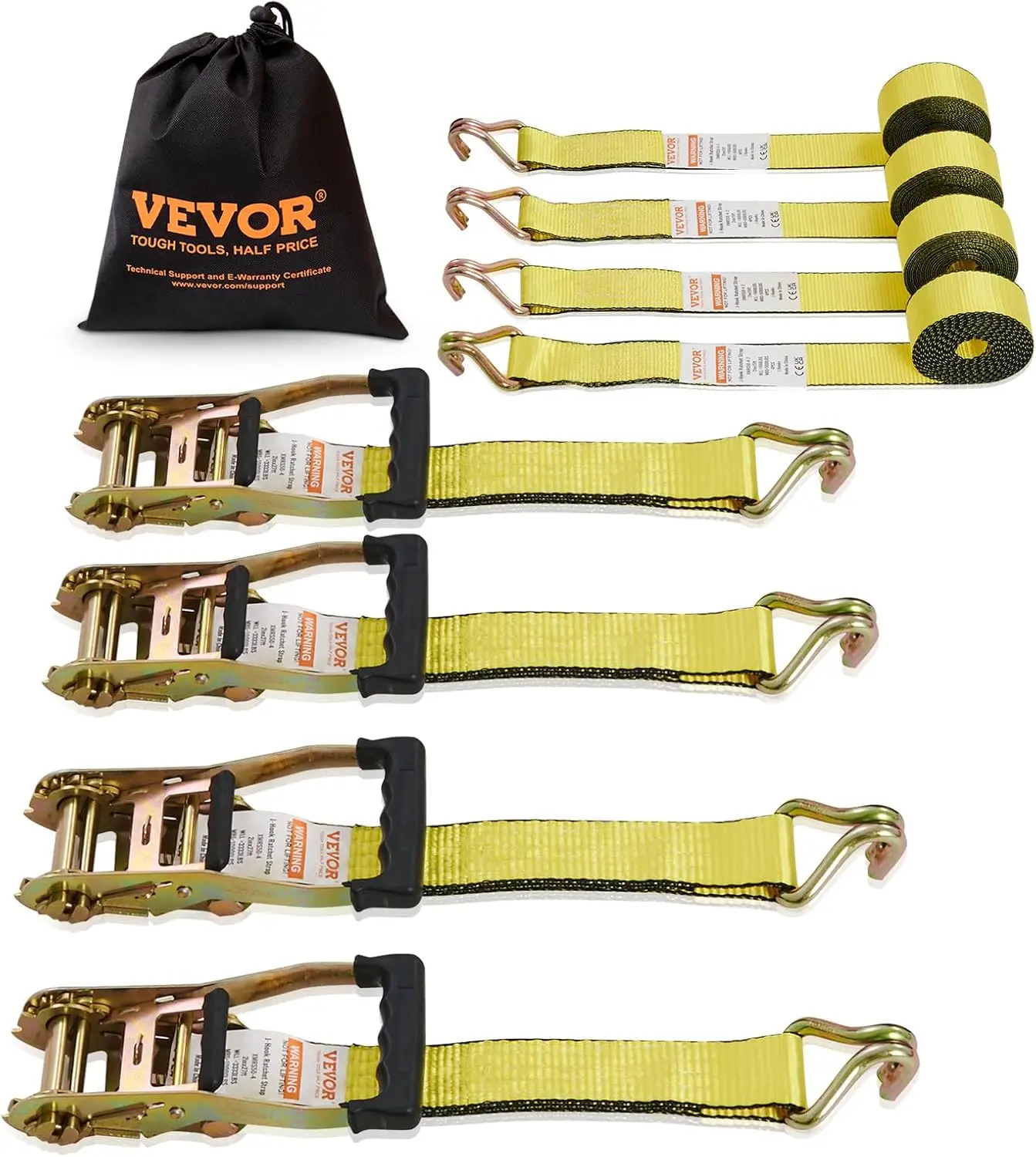 VEVOR 2" x 15' / 2" x 27' Ratchet Straps Heavy Duty (4Pack), 5000 lb Break Strength, Double J Hook Includes 4 Premium Rachet Tie Downs with Padded Handles, for Moving Securing Cargo, Appliances, Lawn Equipment