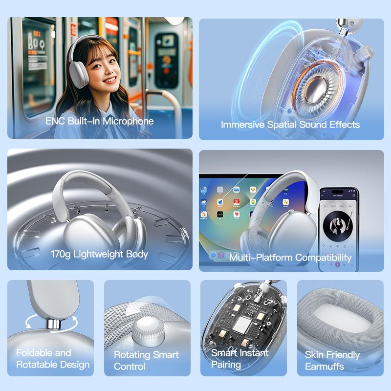 Wireless Bluetooth Headphones, Over-Ear, Hi-Res Audio, 48H Battery Life, Foldable, Mic for iOS/PC headphones Android Memory Headset, Earbud Electronic, Purple