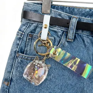 Holographic Cat Ear Keychain with Liquid Floating Stars | Iridescent Strap Bag Pendant | Cute Cat-Shaped Glitter Keychain | Trendy Aesthetic Bag/Key Fashion Accessory