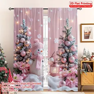 2-Piece Festive Winter Miracle Snowman and Christmas Tree Curtains - 2D Flat Print, Pink and White Festive Design with Snowflakes, Rod Pockets, Classic Polyester, Suitable for Bedroom and Living Room Decor, Home Decoration Curtain