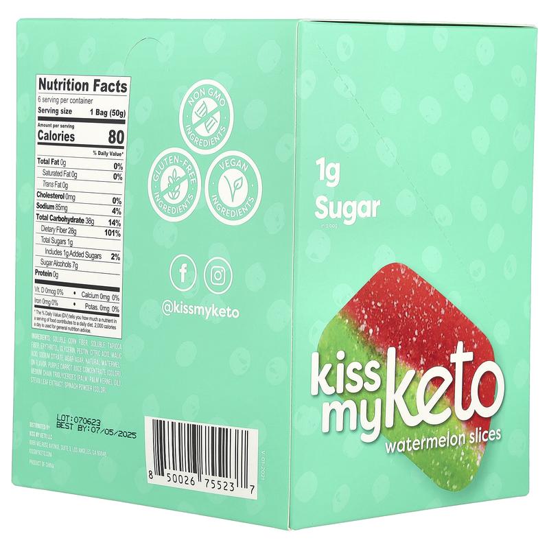 Kiss My Keto Gummy Candy, Watermelon Slices, 6 Bags, 1.76 oz (50 g) Each