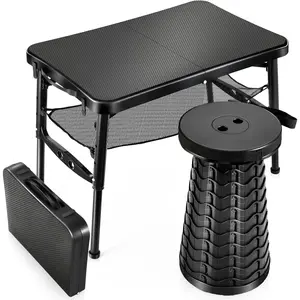 Retractable Small Folding Table and Stool Set, Portable Camping Foldable Table Lightweight Yet More Sturdy with Adjustable Stool for Outdoor Picnic, Beach, Camp, Also Ideal as Laptop Bed Desk