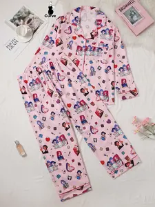 Plus Size Cartoon Kpop Demon Hunters Pajama Set, Cute Loose-Fit Woven Fabric, Long Sleeve Button Front Shirt & Pants, All Seasons Wear, Loungewear