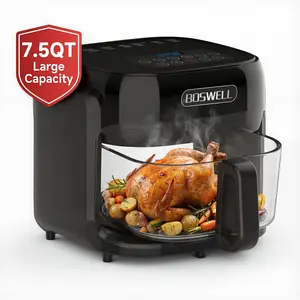 BOSWELL 7.5QT Glass Air Fryer with Transparent Bowl – 5-in-1 Rapid Heating, Fits a Whole Chicken, Oil-Free & Healthy Crispy Results, Dishwasher-Safe, A Perfect Valentine’s Day Gift for Family or Couples