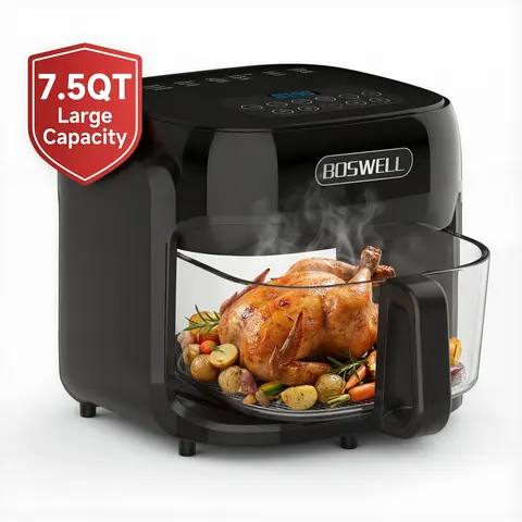 BOSWELL 7.5QT Glass Air Fryer - 1200W, Transparent Borosilicate Glass Bowl, 5 Presets + Custom Mode, 140-400°F, 5-60 Min Timer, Little to No Oil, Large Family Size, Meal Prep Tool, Ideal Family Gift