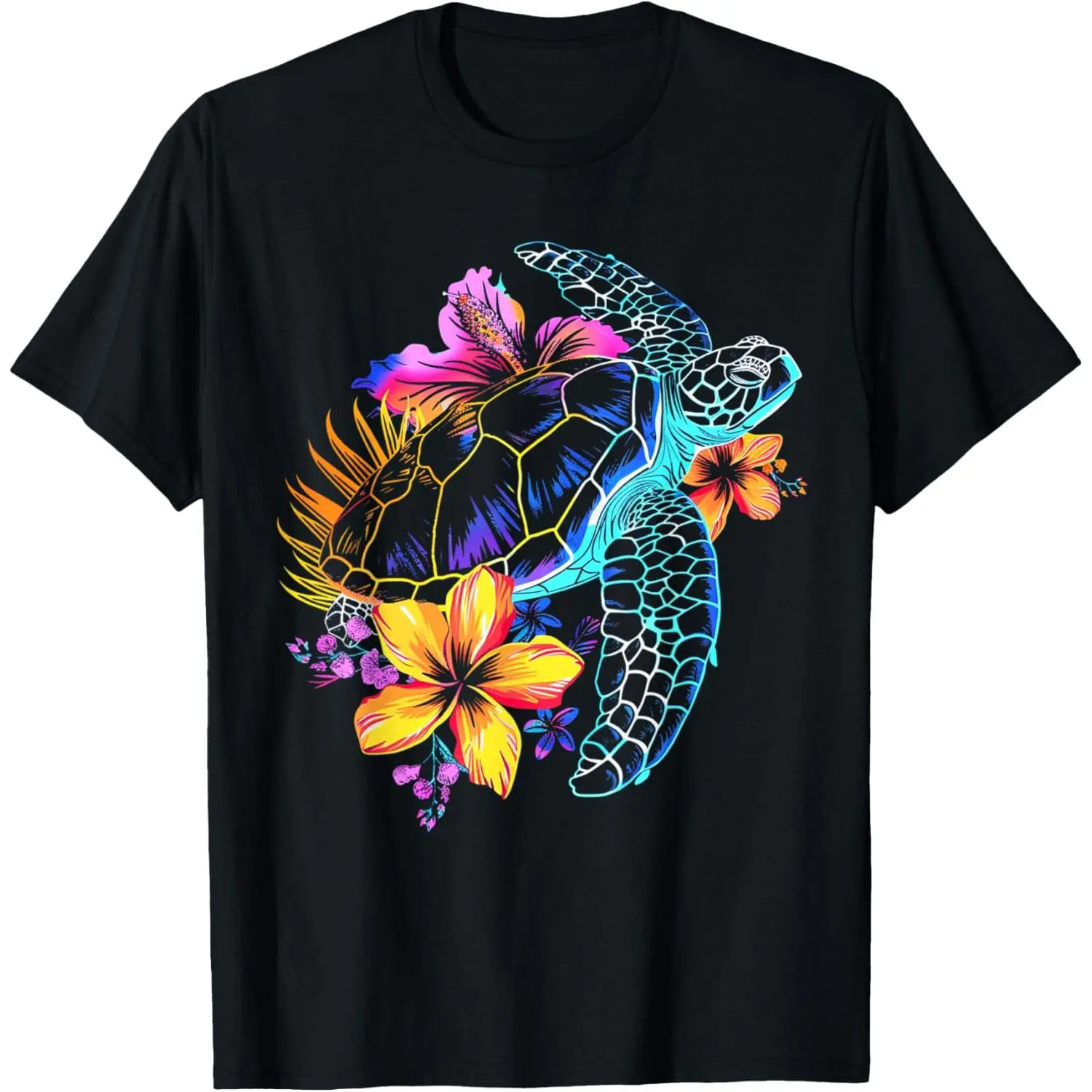 Men's Short-Sleeve Graphic T-Shirt - Natural Cotton Fabric, Soft, Sea Turtle & Hawaiian Tropical Flowers Print, Hawaii Scuba Sports Tops, No Irritation Casual Menswear, Regular Fit