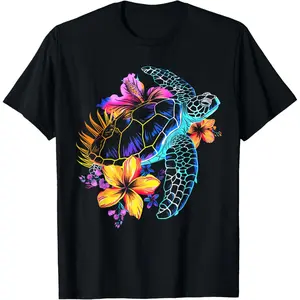 Sea Turtle Hawaiian Flowers Hawaii Scuba Diving Diver T-Shirt        Graphic tees Shortsleeve Casual