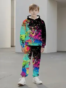 Boys' 3D Print Hooded Sportswear Set, Trendy Graffiti Pattern, Casual Fitted for Spring & Fall, Outdoor Activities