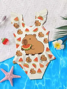 Summer Girls' Swimwear, Capybara Cartoon Design, Sweet and Unique, Perfect for Girl Parties, Birthday Gifts, Casual Outdoor & Indoor Swimming, Swim Bodysuit