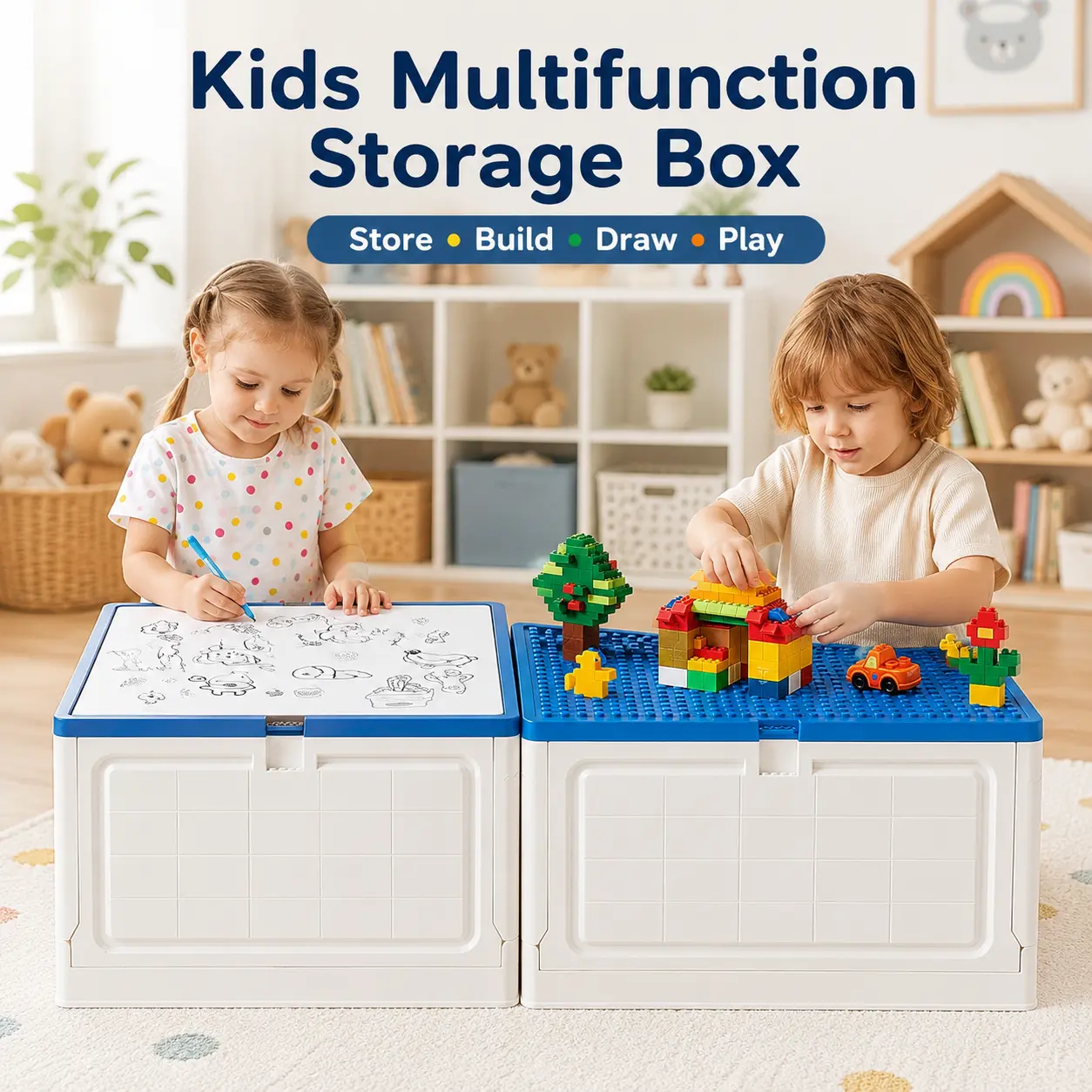 Kids Multifunction Storage Bin with Lid - Gray, Blue, White, Pink - Store, Build, Draw, Play - Ideal for Children's Room Home Organization Supplies
