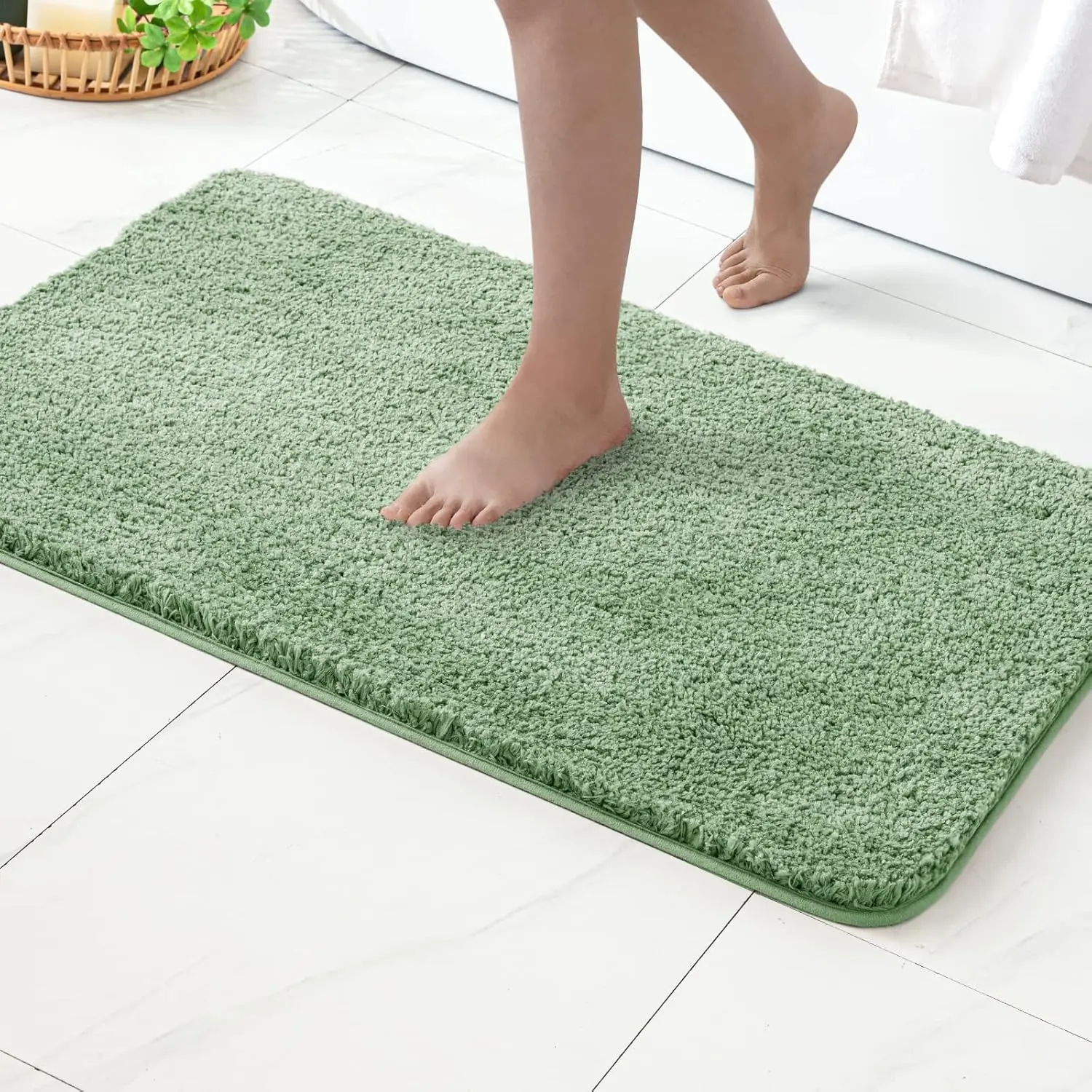 Sage Green Fluffy Rectangle Bath Mat - Ultra Soft Shag, Absorbent, Nonslip, Quick-Drying, Machine-Washable Large Rug for Bathroom Floor, Bathtub (24x36 in)