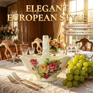 Vintage Rose Ceramic Basket, European Home Decor Ornament, Elegant Floral Design, Perfect for Living Room and Bedroom