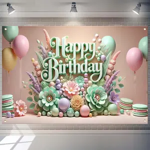 1pc，2d flat， Ladies' Happy Birthday Background, Flower Happy Birthday Banner, Suitable for Women's Party Decoration, Girls' Celebration Posters, Cake Table Decoration and Photo Booth Display, Front Gallery, Courtyard, Garage and Home Decoration