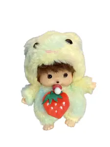 Strawberry Bunny Monchhichi Plush Keychain Butter Yellow Rabbit with Blue Ombre & Red Strawberry Detail Cute Gift for Her Soft Plush Fabric Mini Size
