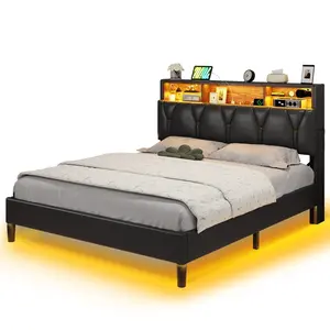 Sikaic LED Floating Upholstered Leather Platform Bed Frame White