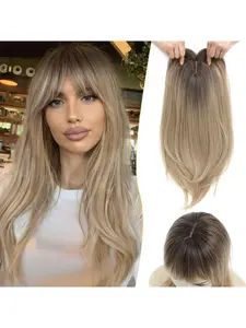 Hair Topper With Bangs 18inch Toppers With Large Base Long Straight Layered Premium Synthetic Hair Pieces For Women-Ombre Blonde With Dark Root