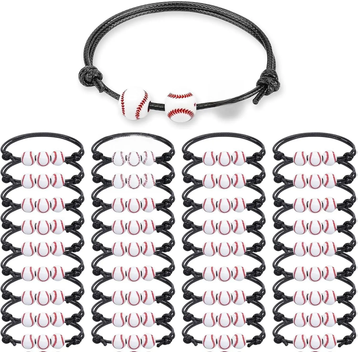 Baseball Party Favors - 36PCS Adjustable Charm Bracelets with 3 Bead Balls for Boys, Team Theme Birthday Gift for Teens, High-Quality Waxed Thread & Acrylic Material