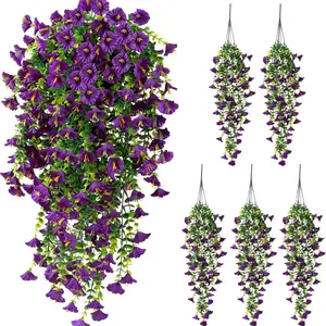 Artificial Hanging Flowers for Outdoors, 5 Counts UV Resistant Faux Petunias, Realistic Fake Silk Long Vines Morning Glory Eucalyptus for Outside Indoor
