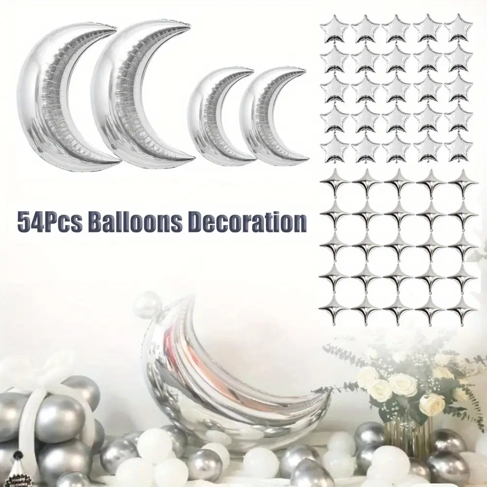 Glamorous Sturdy and Durable 54-Piece Mixed Color Aluminium Metal Moon Stars Film-Latex Balloon Set, 10-Inch Kit with 25pcs 10-Inch Pentagram Foil Balloons & Letters - Party Anniversary Garland Backdrop, Home Improvement Wall Decoration