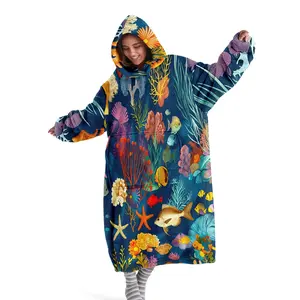 Cozy hooded blanket, Hooded wearable blanket with ocean coral print, digitally printed flannel blanket, soft and warm blanket suitable as a sofa throw, air conditioning blanket, camping, travel
