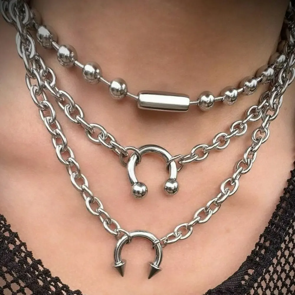 3Pcs Gothic Punk Silver Layered Necklaces for Women, Ball Bead Chain Horseshoe U Spike Pendant Choker, Cool Grunge Streetwear Stackable Necklace Accessories for Daily Outfit Concert Party Goth Gift