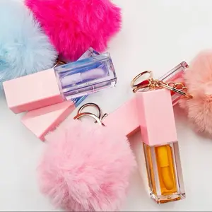 Glammetic M Lip Gloss pompom - 5ml Pink & Gold Shimmer Lip Glosses with Keychain - Perfect for Makeup Enthusiasts