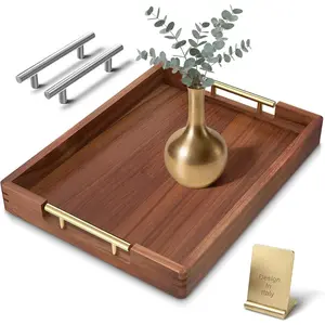 Acacia  Serving Tray with 2 Sets of Handles ( & ) - 17" Large Wooden Tray for Ottoman Coffee Table, Decorative Tray for Living Room & Kitchen - Solid  Table Topper