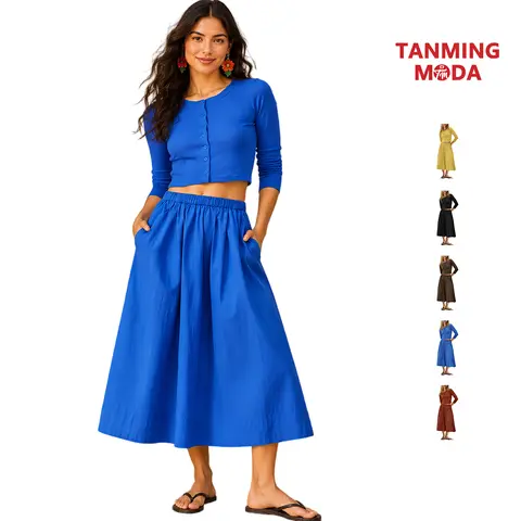 TanmingModa Women's Fall Aesthetic Ribbed 2-Piece Knit Matching Lounge Set - Slim-Fit Fitted Cropped Cardigan & 100% Cotton A-Line Midi Skirt, Cozy Women 2 Piece Sets for Casual, Office Use