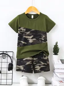 Kids Camouflage Patchwork Top & Shorts Set, Military, Fitted Design, All over Print, Casual Style, Perfect for Little Special Forces