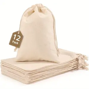 12 Pieces Natural Cotton Storage Bags, Reusable Bulk Food Linen Bag, for Party Wedding Home Gift Storage Bag