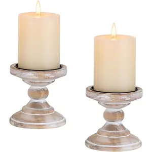 Wood Pillar Candle Holder: 2Pcs Rustic White Candle Holders for Pillar Candles Wood Candle Holders Distressed Wooden Farmhouse Candle Holder Large Rustic Candle Holder for Fireplace Table