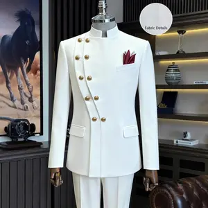 White New Chinese Zhongshan , Stand Collar Premium Blazer, High-end Wedding & Engagement Outfit For Men