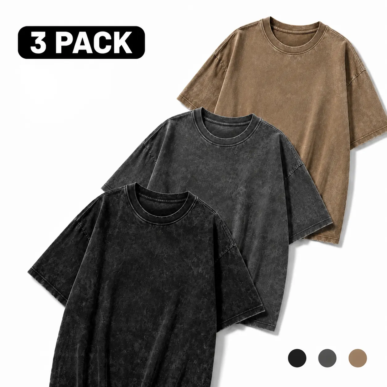 Men's 3-Pack 100% Cotton Washed Classic T-Shirt Set, Oversized Loose-Fit Drop-Shoulder Short-Sleeve Menswear Tees, Vintage Casual Crew Neck Tops in Black+Gray+Coffee Brown (Suitable for Men)