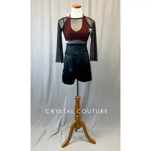 Red Halter with Black Mesh Unitard Overlay - Rhinestones