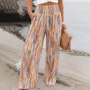 ChicMe Women's Tie Dye Print High Wait Shirred Elastic Waist Pleated Wide Leg Pants