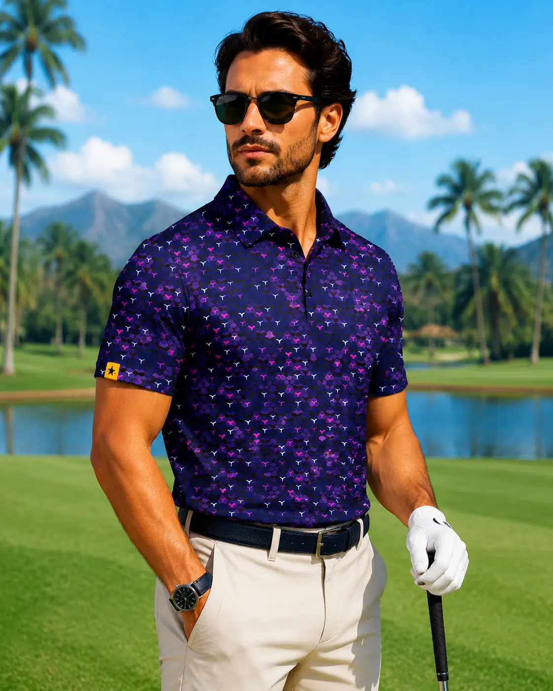 ZITY Mens Golf Polo Shirts Short Sleeve UPF 50+ Performance Moisture Wicking Print Pattern Casual Collared Golf Shirt or Men pop out polo