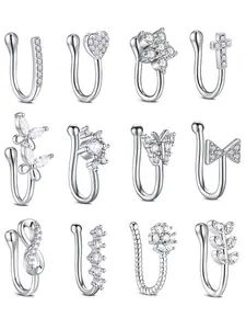 12pcs Fake Nose Rings for Women, & Silver Color Nose Cuffs, U-Shaped Clip-On Design, Non-Piercing Faux Nose Piercings Jewelry Set, Spiral Nose Ring