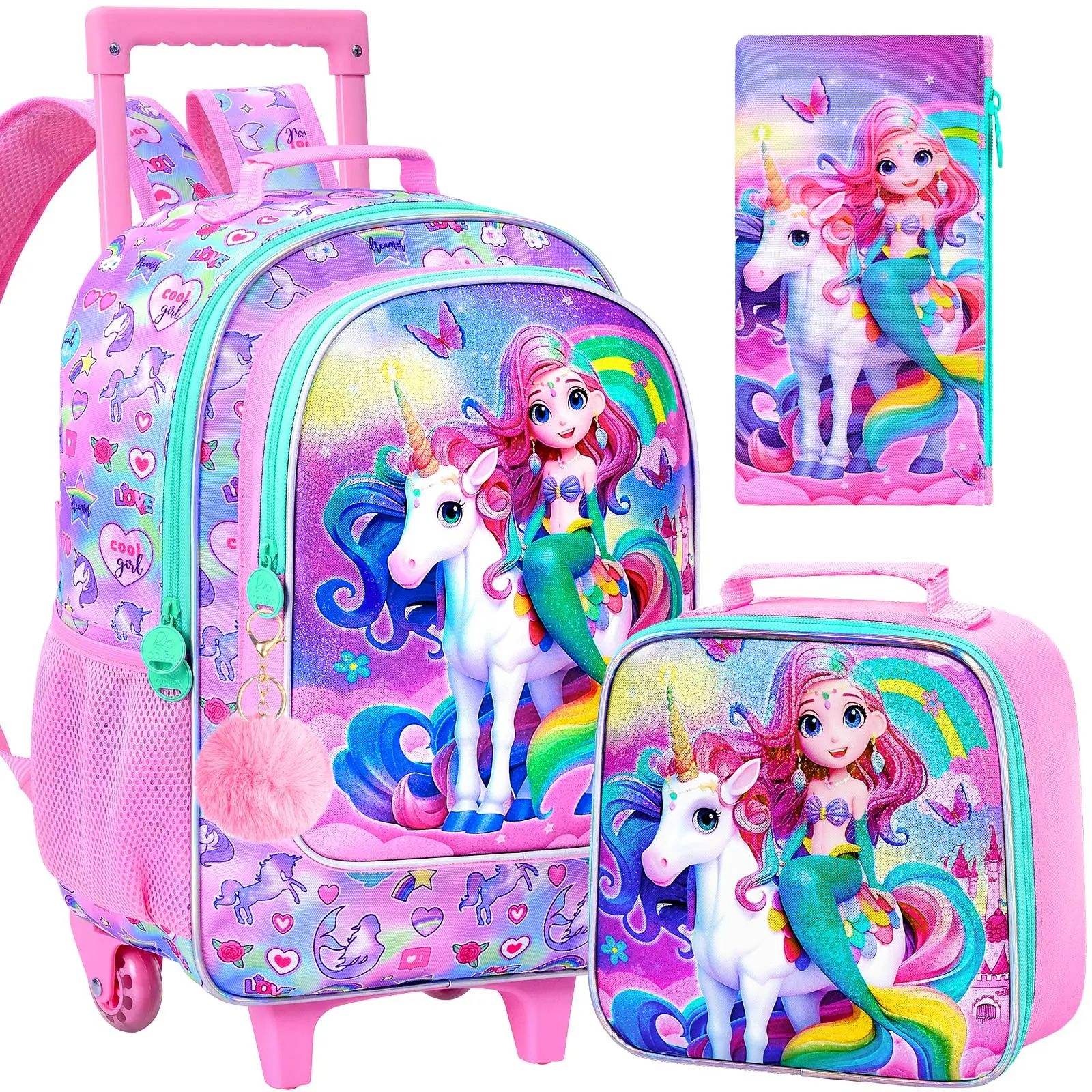 3PCS Kids Rolling Backpack, Girls Roller Wheels Bookbag, Wheeled Elementary School Bag with Lunch Bag - Mermaid